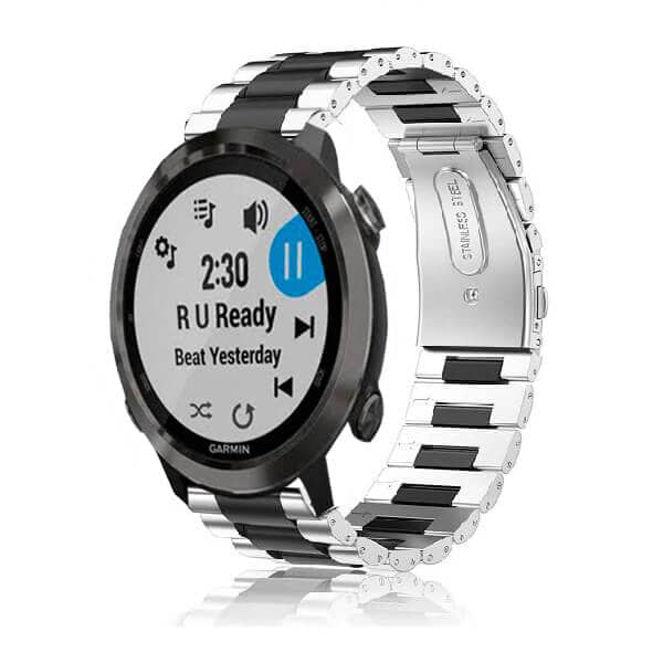 Garmin Forerunner 645 Music Bands, 20mm Stainless Steel Metal Replacement Strap Loop Bracelet Women Men (Dual Black Silver) Garmin Forerunner 645 Music Bands, 20mm Stainless Steel Metal Replacement Strap Loop Bracelet Women Men (Dual Black Silver)